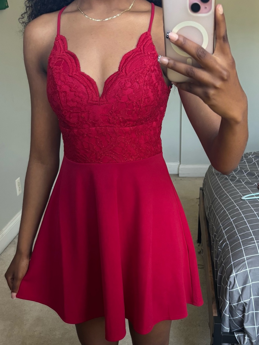 Macy's Red Lace Bodice Spaghetti Strap A-Line Prom Dress